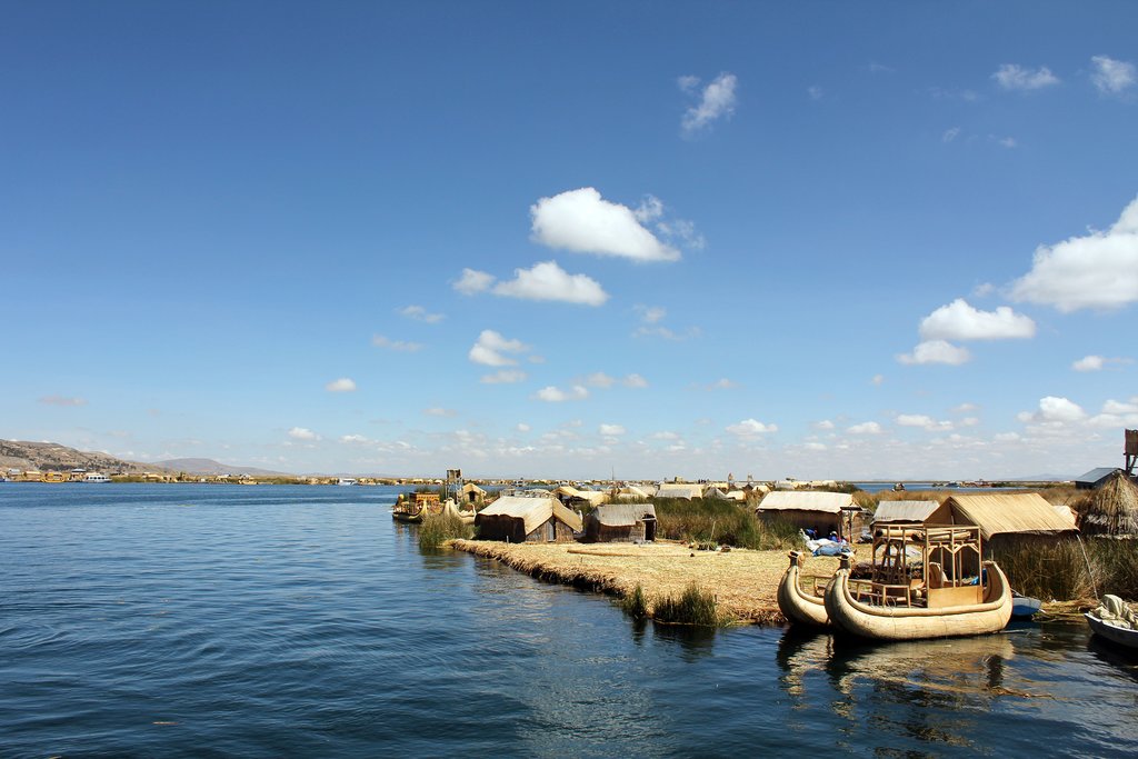 Peruvians on reed islands on Lake Titicaca in Peru, South America
